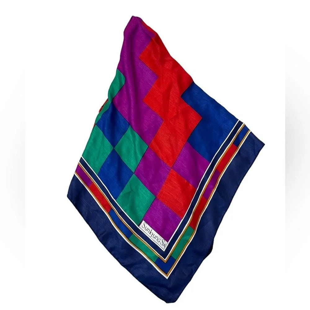 Vintage Sunkyung SA‎ Geometric Colorblock Scarf Multicolor Silk Blend